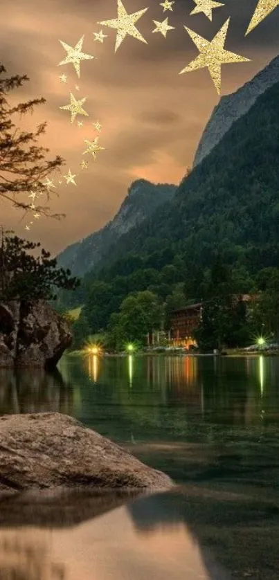 Serene mountain lake with starlit sky.