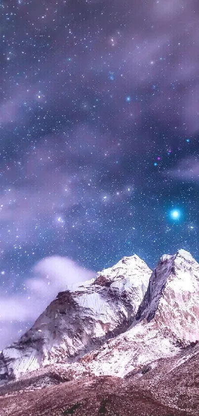 Mountain landscape under starry night sky with purple hues.