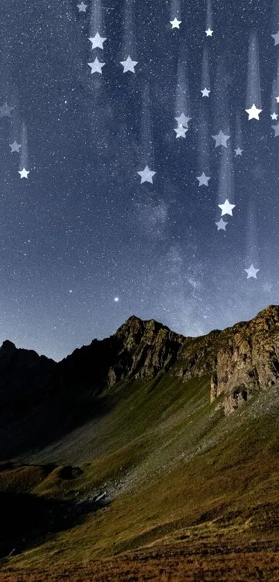 Starry night sky over a mountain landscape with visible Milky Way.