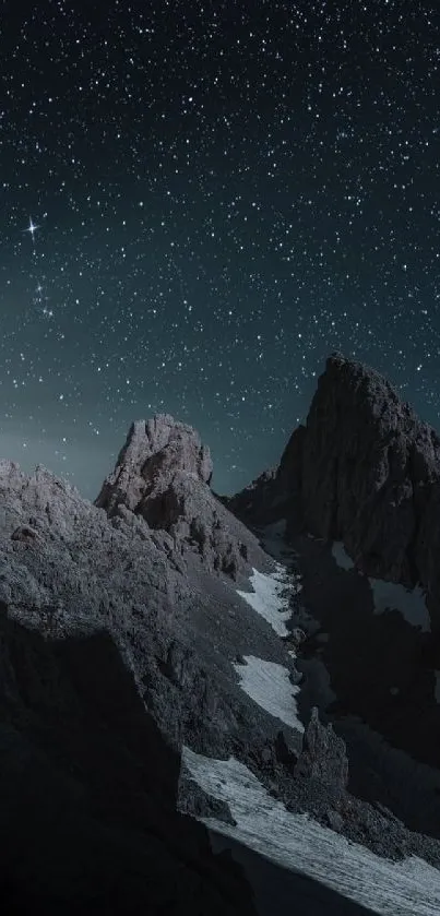 Nighttime mountain landscape under a starry sky.