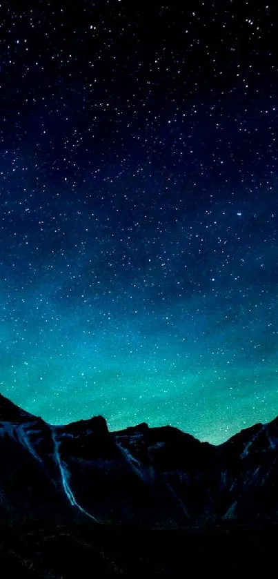 Starlit sky above majestic mountains in a mobile wallpaper.