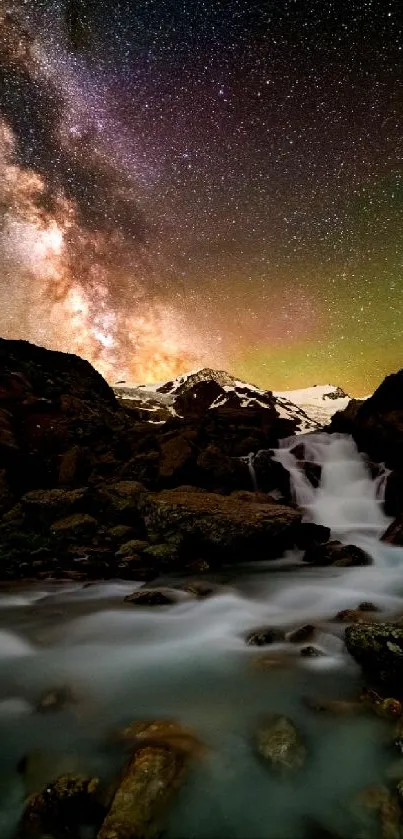 Starry night with mountain waterfall under the Milky Way.