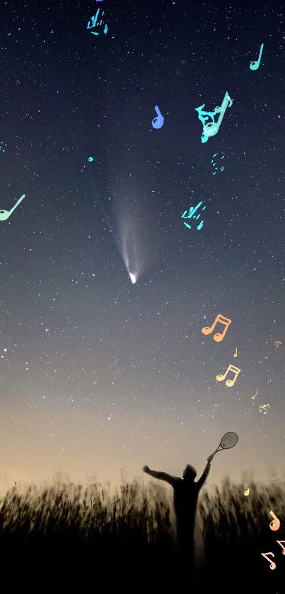 Silhouetted figure with racket under a starry sky lit with music notes.