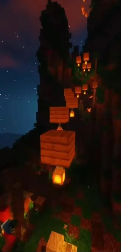 Adventure path with glowing lanterns at night on cliffs.