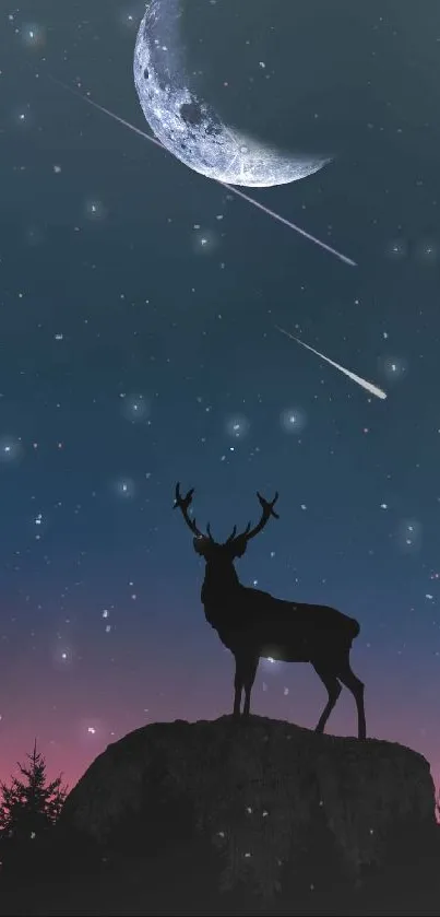 Deer under a crescent moon in a starry night sky.