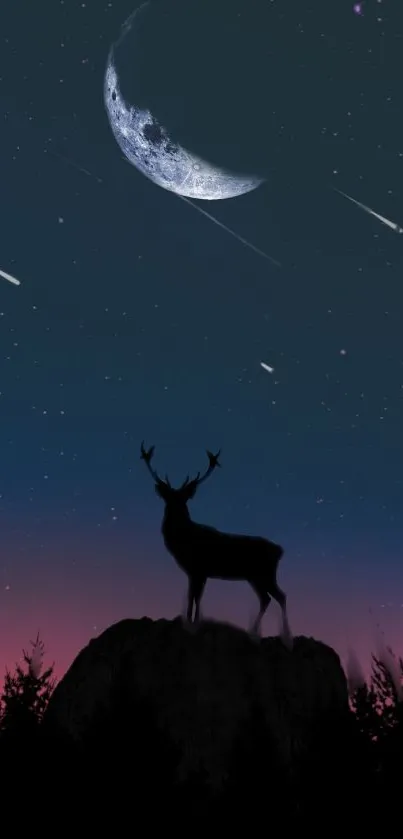 Deer silhouette under starry sky with crescent moon.