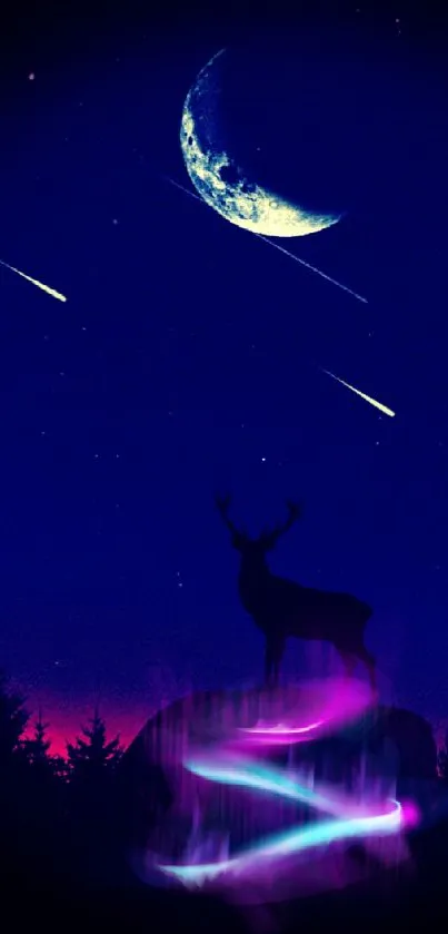 Deer silhouette on a night sky with moon and aurora.