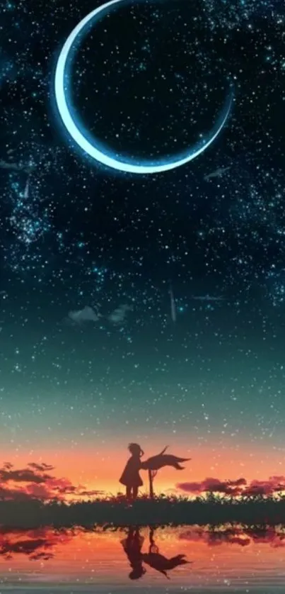 Starlit night wallpaper with moon and silhouette, perfect for mobile devices.