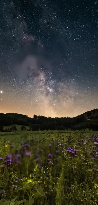 Starlit sky over a field of purple flowers at night with a cosmic view.