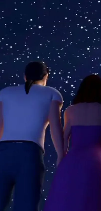 Couple under a starry night sky, in silhouette.