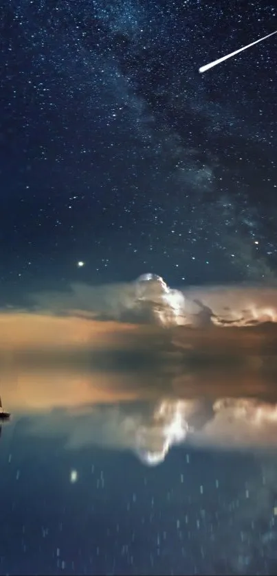 A starlit night sky reflecting on calm waters with a sailboat.