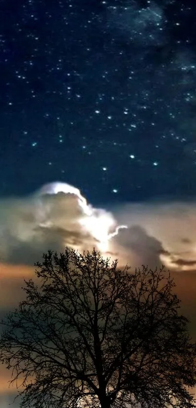 Silhouetted tree against a starlit cosmic sky.