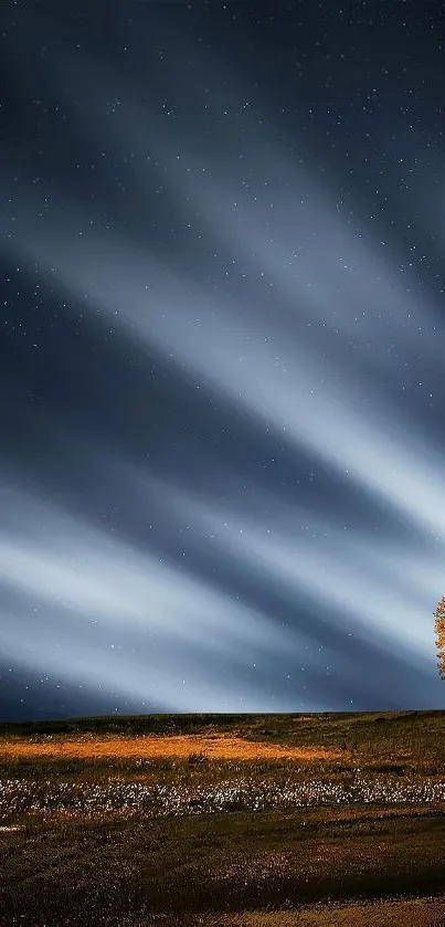 A golden tree under a starlit, cloudy night sky.