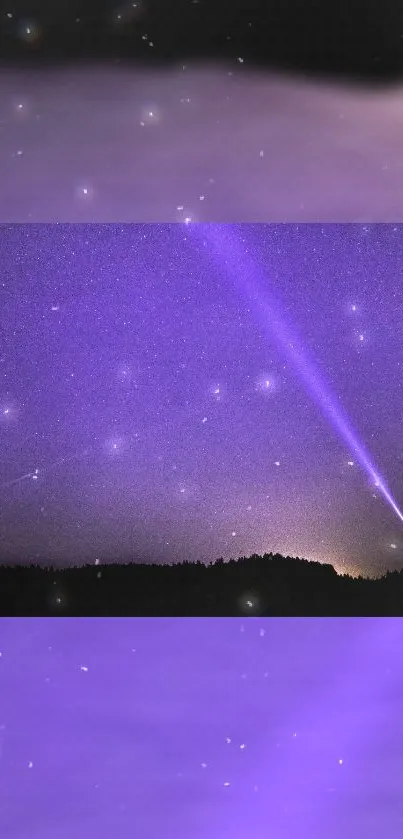 Purple night sky with stars and a silhouetted figure holding a light beam.