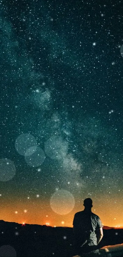 Silhouette under a starlit night sky with visible horizon glow.