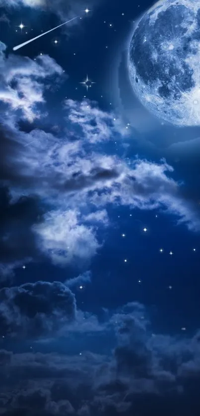 Night sky with stars and full moon illuminating clouds.