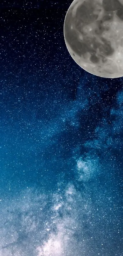 Starry night sky with a bright moon and galaxy, perfect for phones.