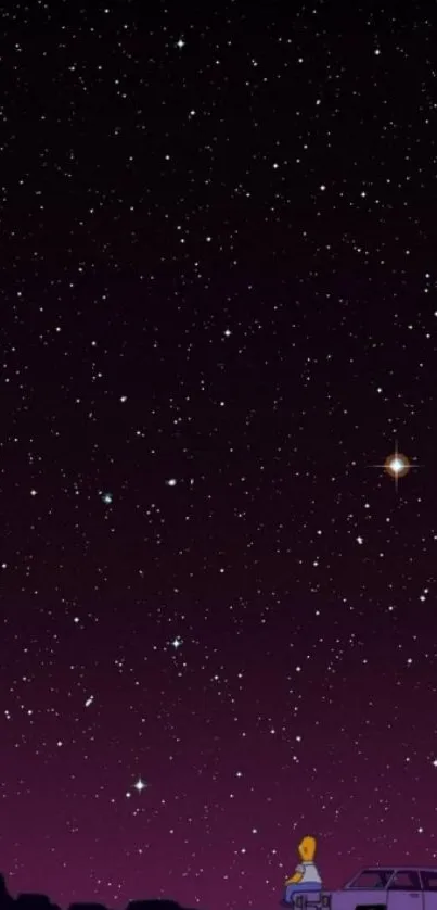 Starlit night sky with purple hues and a car under the stars.