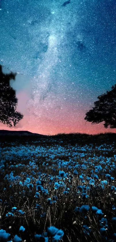 Starlit night sky with blue flowers and silhouetted trees under a galaxy.