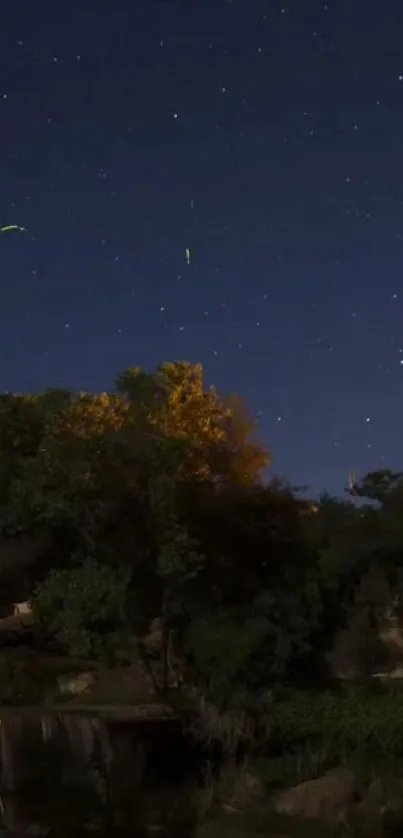 Night sky wallpaper with stars and trees.