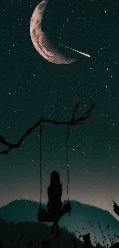 Silhouette on swing under starry night sky with crescent moon and shooting star.