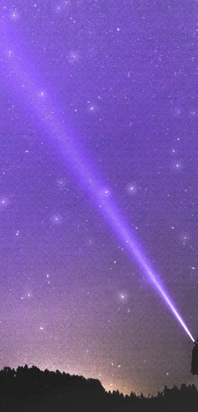 Silhouette with a flashlight under a purple starlit night sky.