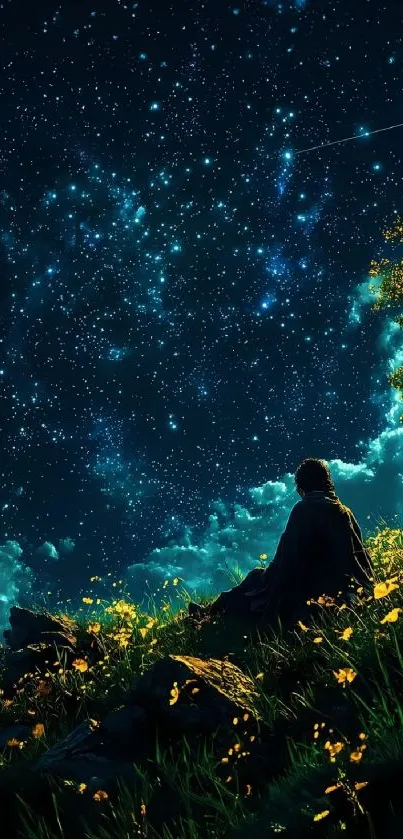 Dark blue night sky with stars and a contemplating figure.