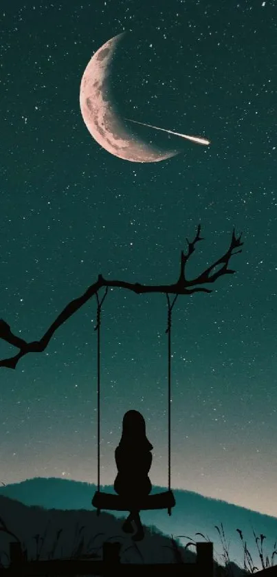 Silhouette on a swing with moonlit night sky and stars.