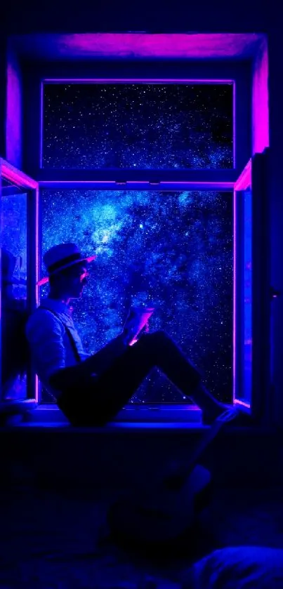 Silhouette reading by a window against a starlit electric blue night sky.