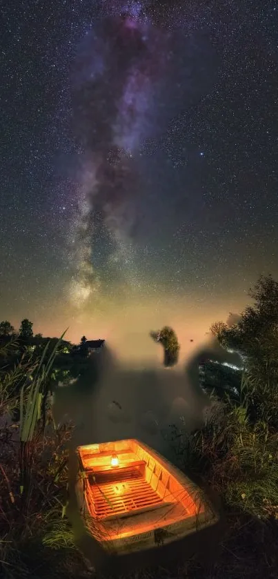 Glowing boat under a starry night sky with lush greenery.