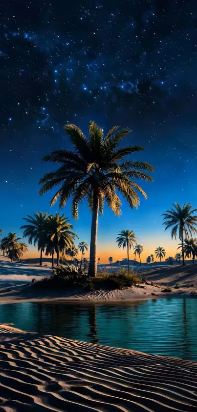 Oasis under a starry night sky with palm trees reflecting on the water.