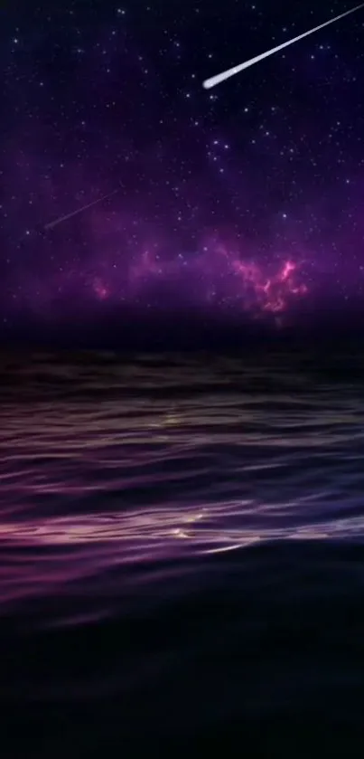 Starry night sky above a tranquil ocean with a purple hue.