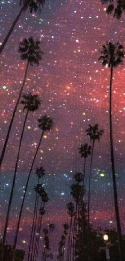 Silhouettes of palm trees against a starlit purple sky.