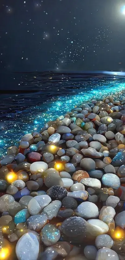 Starlit beach with shimmering pebbles and a serene ocean backdrop.