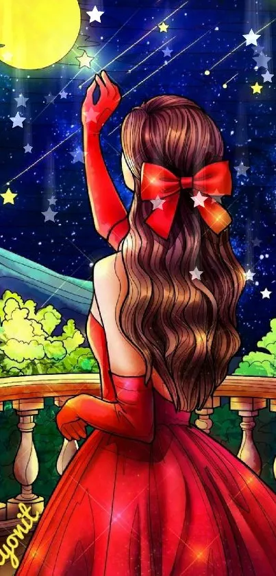 Fantasy art of girl in red dress reaching for the moon with stars at night.