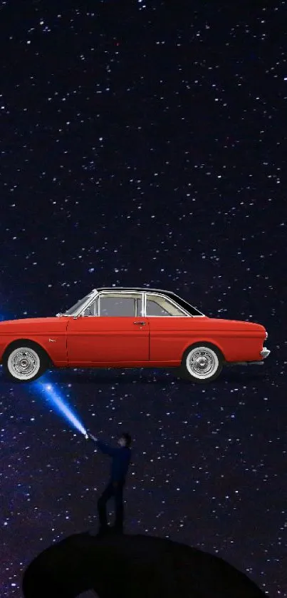 A red retro car in a starry night sky, creating a cosmic vintage look.