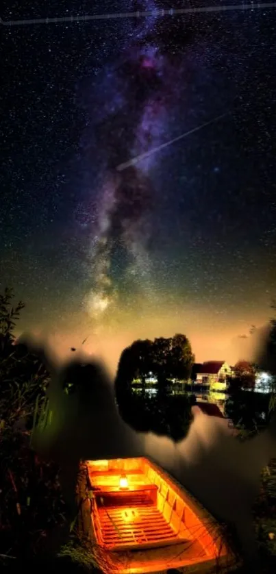 Vibrant starlit river with tranquil boat under a mesmerizing night sky.