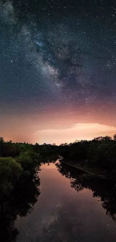 Beautiful starry night over a serene river with a glowing galaxy sky.