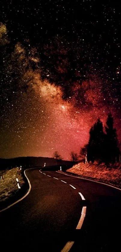 A winding road under a starry night sky with a red cosmic background.