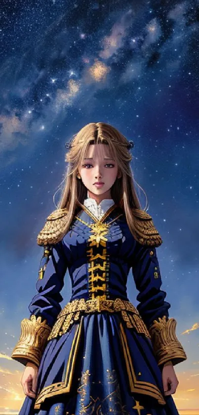 Royal figure under a starlit sky in elegant attire, creating a celestial atmosphere.