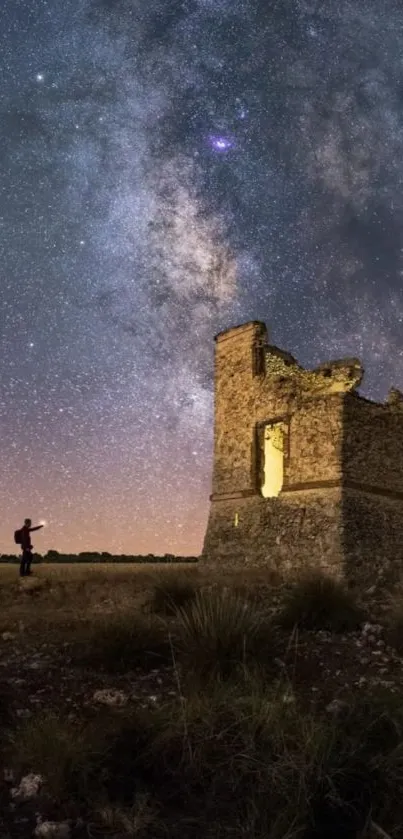 Stunning ancient ruins under a starlit night sky, capturing the Milky Way.