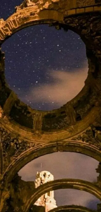 Stunning night sky over ancient ruins, filled with stars.