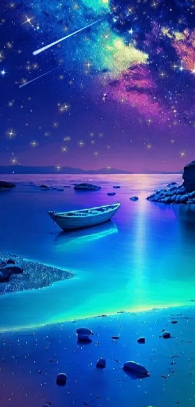 Starlit ocean with a boat under a vibrant cosmic sky.