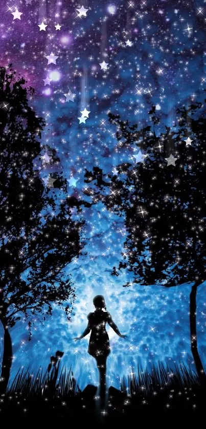 Silhouette under a blue and starry night sky wallpaper.