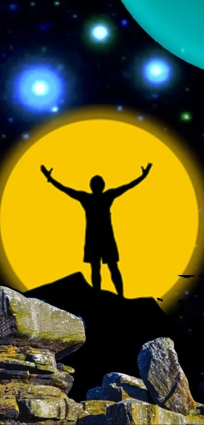 Silhouette on rocky terrain under yellow moon and stars.