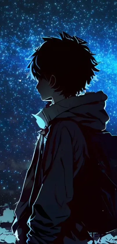 Silhouette of a person under a blue starry sky in anime style.