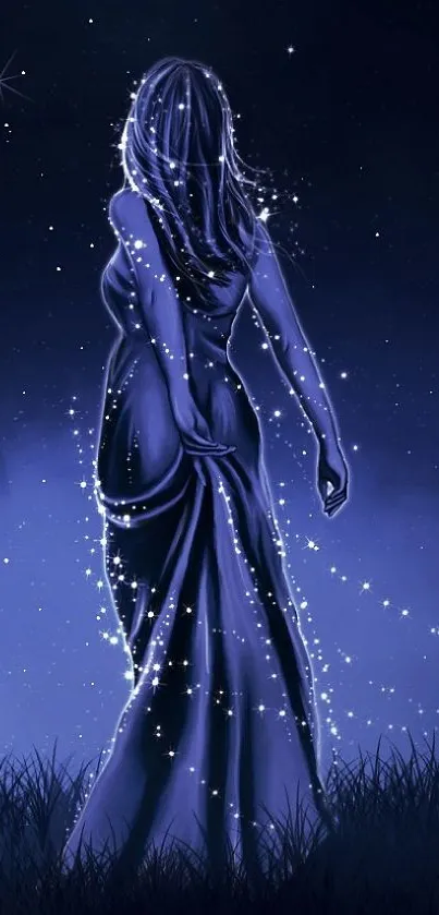 Silhouette of a woman under a starlit night sky.