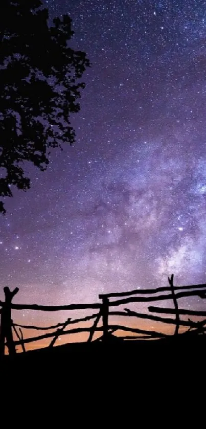 Silhouette of a child on a swing under a starlit sky with a tree and fence.