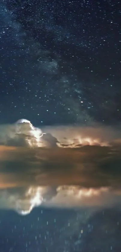 Starry night sky reflecting on still water with clouds.