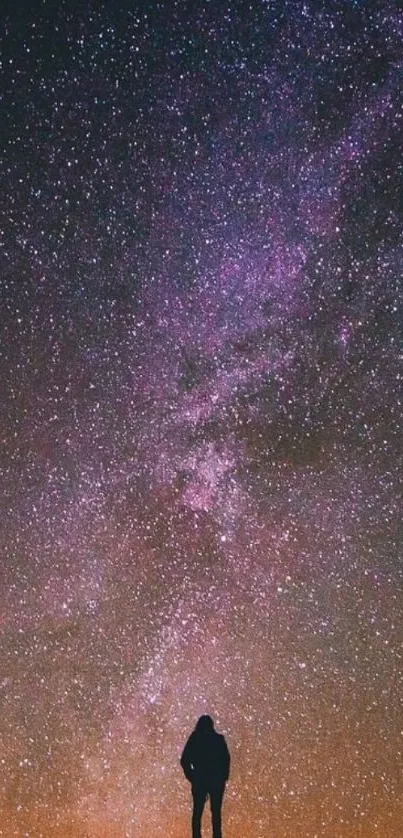 Silhouette under a vibrant, star-filled purple sky.